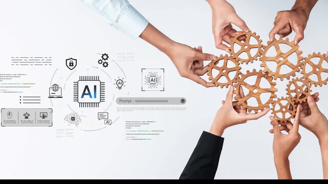 Collaborative Effort in Artificial Intelligence Development with Gear Components and Hands Working Together on a Futuristic Interface Gluon.