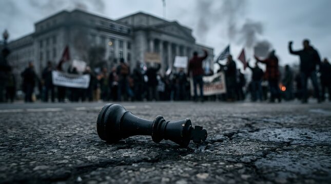 A fallen black chess king piece lying on cracked asphalt ground during a blurred public protest demonstration in front of a large stone government building