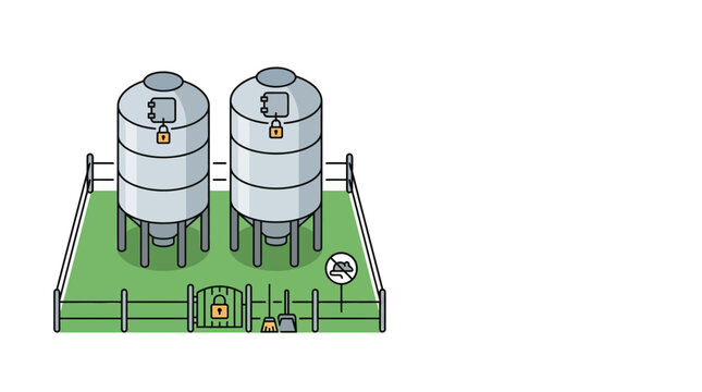 Illustration of two metal grain silos inside a fenced agricultural area.