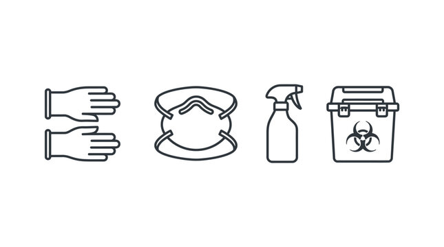 Medical protection equipment and biohazard waste disposal icons set.