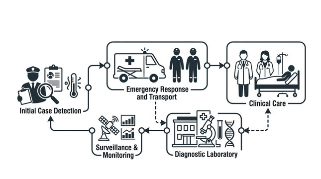 Infectious disease outbreak response workflow infographic diagram.