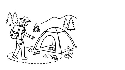 Line art illustration of a hiker observing a tent infested with rodents in nature. © alfan fikri