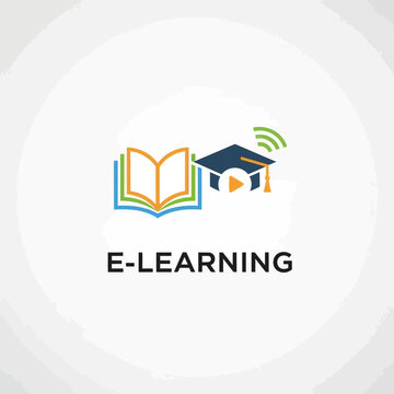 E learning icon book and graduation cap with wi fi symbol and play button