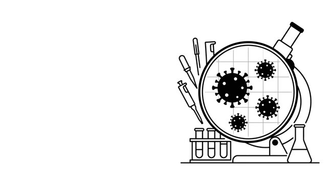 Line art illustration of a microscope observing viruses with laboratory equipment.