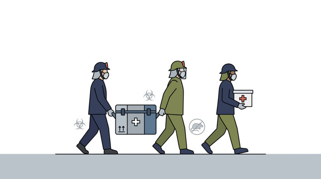 Medical personnel carrying biohazard and emergency medical supply cases.