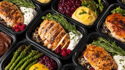 Numerous prepackaged healthy meals featuring grilled poultry and assorted side dishes are arranged closely together © cgrtart