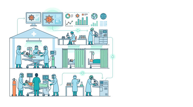 Medical research laboratory and hospital ward illustration.