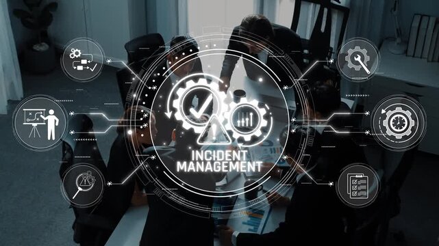 Group of Professionals Collaborating on Incident Management Strategy with Digital Graphic Elements Representing Data and Workflow Efficiency Sigmoid