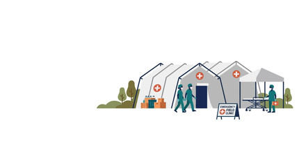 Mobile medical field hospital tent with health workers and medical equipment. © Bayu prakoso