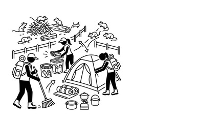 Obraz premium People Camping and Cleaning Up Campsite Outdoors Line Art Illustration.