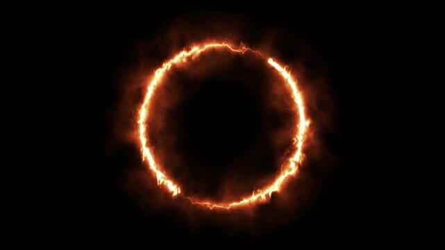 Infernal Burning Fire Ring Portal Animation with Realistic Flame Circle and Smoke on Black Background