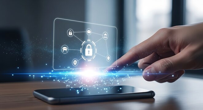 Person using secure login on holographic smartphone interface
