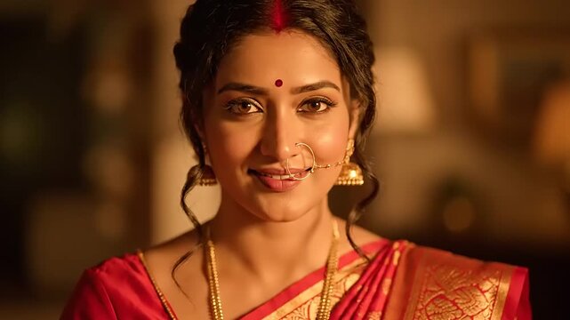 Beautiful Indian Woman in Traditional Red Saree and Gold Jewelry Smiling.
