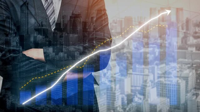 A businessman stands confidently in front of a dynamic cityscape, with financial graphs and growth arrows symbolizing economic progress and market trends. Copula