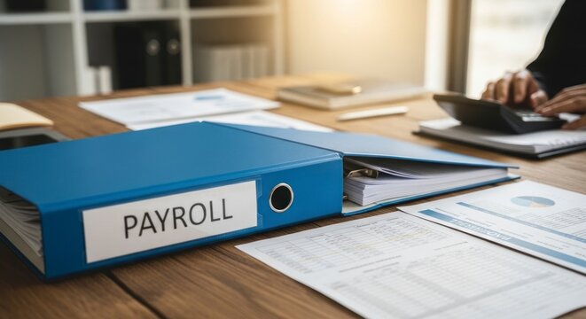 Meticulous Payroll Processing: Blue Binder and Calculator on a Busy Office Desk