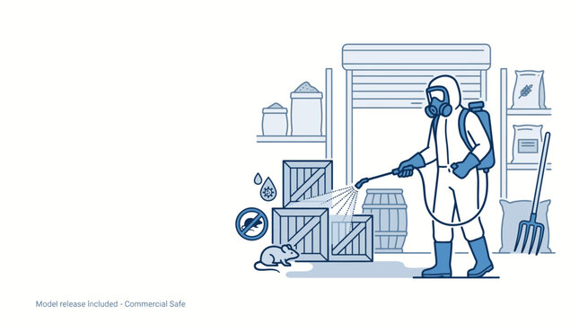 Pest control specialist wearing protective suit spraying chemical insecticide in warehouse.