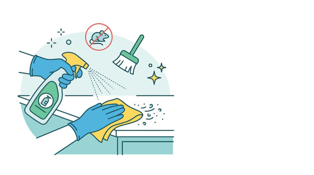 Person wearing protective gloves cleaning a kitchen counter with spray and cloth.