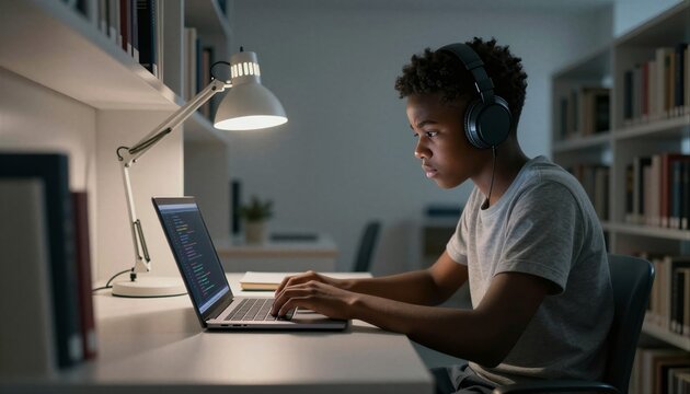 Focused Teen Program Code on Laptop with Headphones in Modern Library Setting