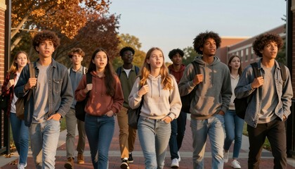 Fototapeta premium Freshmen Walk Together on Campus with Curious, Excited Expressions