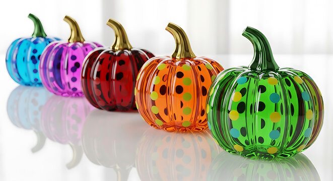 Row of colorful glass pumpkins with polka dots and gold stems image