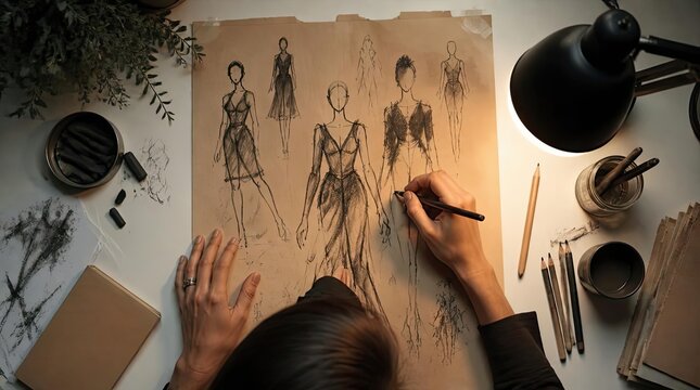 A professional fashion designer sketching a detailed collection on textured paper, featuring an overhead cinematic view of a creative workspace with artist supplies and warm studio lighting.
