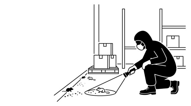 Pest control technician inspecting a warehouse for rodent activity.