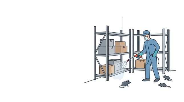 Pest control technician spraying insecticide in a warehouse with rats.