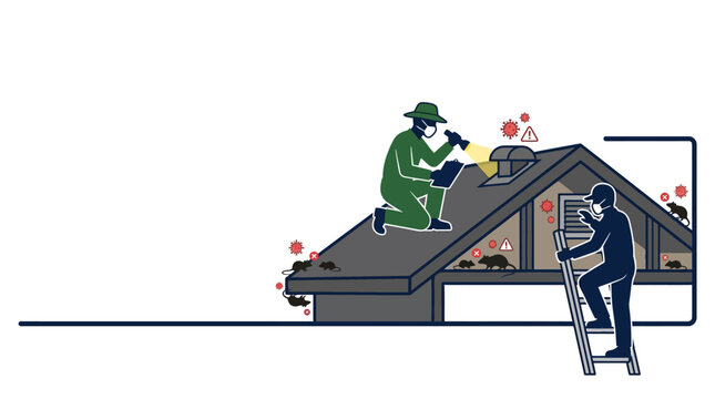 Pest control technicians inspecting roof for infestation.