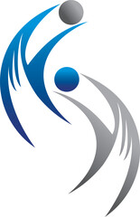 Obraz premium A sleek abstract vector logo featuring two dynamic human figures in flowing blue and grey curves, symbolizing teamwork, movement, growth, unity, and professional collaboration.
