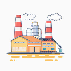 Naklejka premium Industrial Factory Building with Smokestacks and Clouds