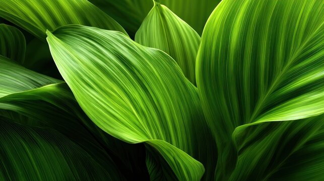 Vibrant green foliage displays deep parallel veins and rich texture
