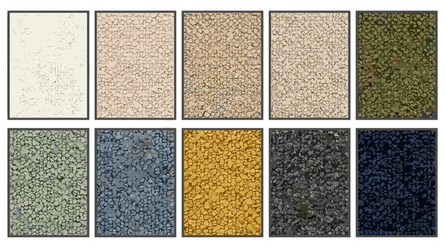 Collection of textured gravel and stone surfaces in various colors