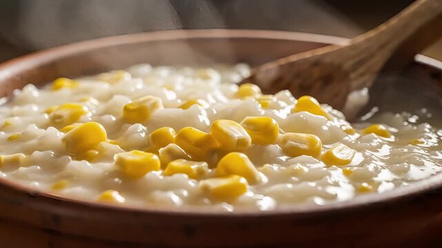 Closeup of steaming hot corn porridge being stirred in a rustic bowl.