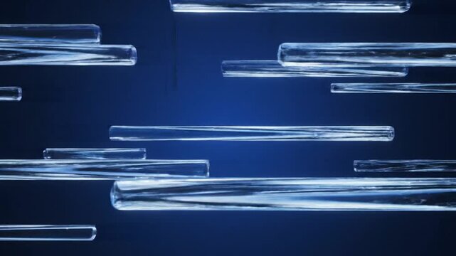 Vertical blue glass pillars of varying heights on black.