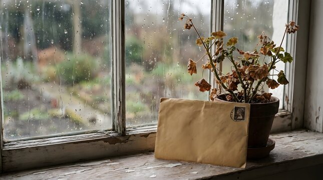 Brown paper envelope resting on a wooden window sill beside a potted plant with raindrops on the window pane and a blurred garden view
