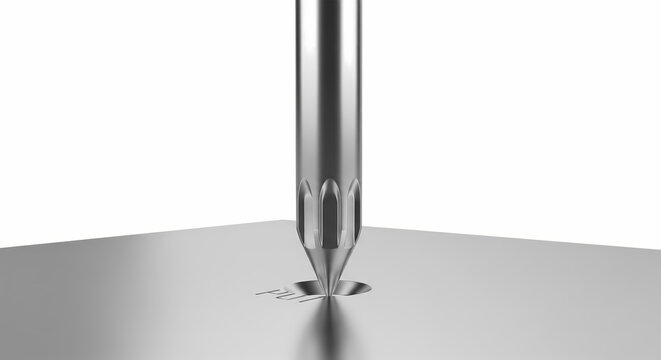Precision metallic tool creating an indentation on a sleek, reflective metal surface, illustrating the initial stage of a drilling or marking operation
