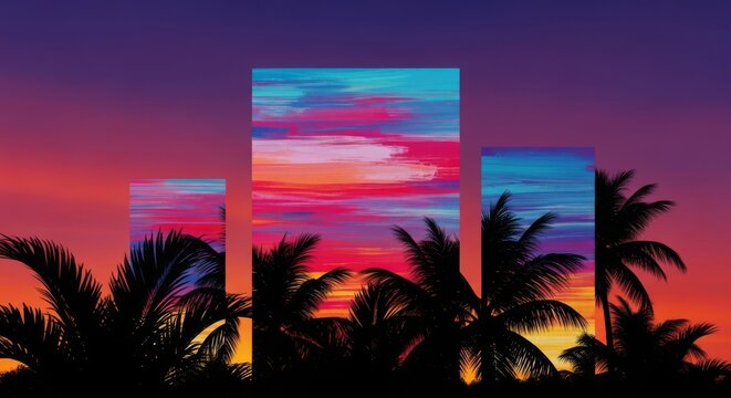 Abstract digital art featuring textured painterly rectangles layered over dark tropical palm silhouettes against a vivid sunset backdrop, rectangles, summer, purple