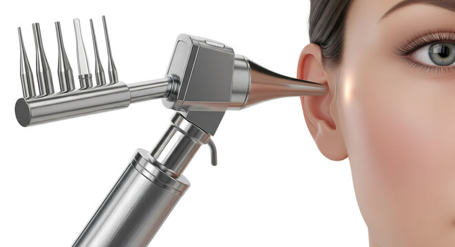Advanced 3D Medical Illustration Otoscope Examining Human Ear, Symbolizing Diagnostic Procedures and Audiology Health Check-ups