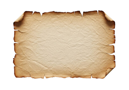 Vintage parchment paper sheet with burnt edges and rough texture isolated on transparent background