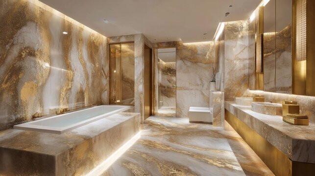 Luxurious modern bathroom interior showcasing extensive marble cladding and integrated lighting