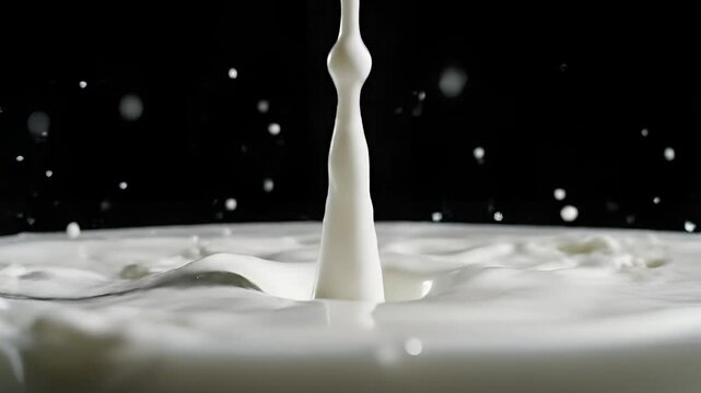 Closeup slow motion of milk splashing and creating crown splash.