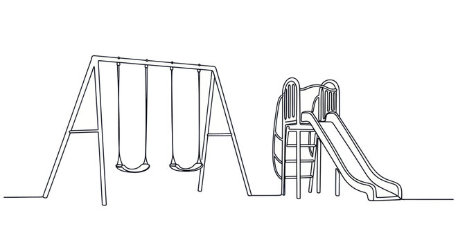 Playground swing set and slide drawing, children's outdoor recreation equipment, simple line art
