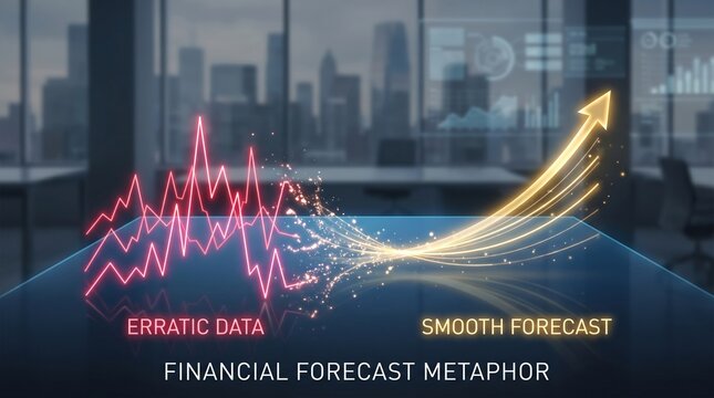 Financial Forecast Metaphor with Erratic Volatile Data Transitioning into Smooth Rising Growth Arrow, Business Intelligence Concept