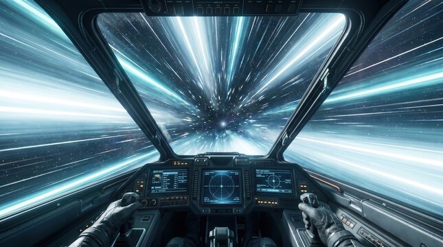 First Person POV of Spaceship Cockpit Traveling at Warp Speed, Futuristic Spacecraft Pilot Flying Through Hyperspace with Glowing Light Trails