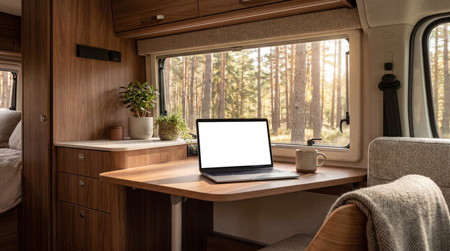 Luxury camper van interior workspace with laptop mockup looking at forest