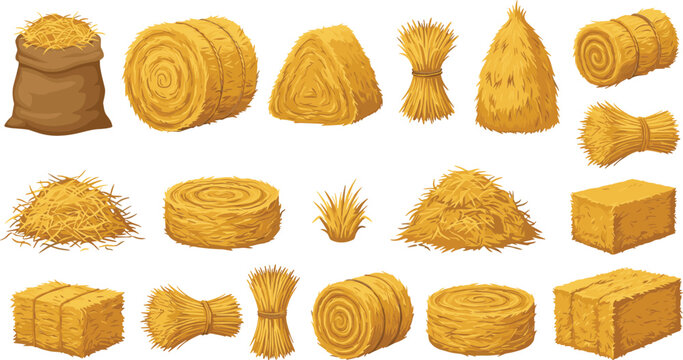 Straw Bale and Hay Bundle Collection for Farming Agriculture Harvest Rural Vector Illustration Set