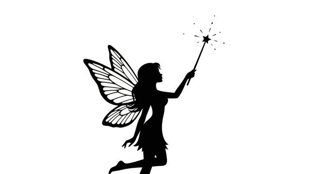 Silhouette of a fairy with wings holding a magic wand and sparkling star