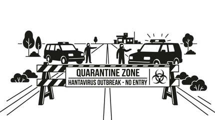 Roadblock sign for Hantavirus outbreak quarantine zone with police cars. © takon mboke