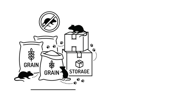 Rat infestation illustration showing rodent damage to grain sacks and storage boxes.