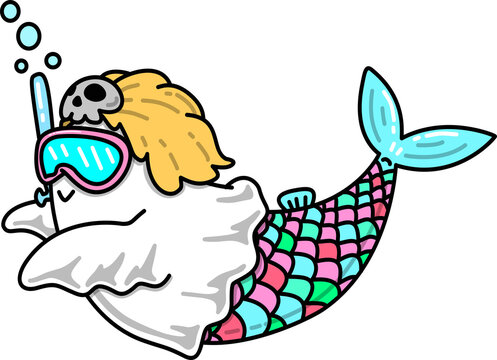 Summer Ghost Mermaid Swimming with Snorkel and Goggles Cartoon